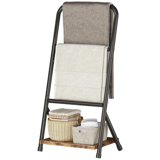3 Tier Blanket Rack, FreeStanding Towel Rack, Blanket Ladder Holder for Bathroom, Towel Drying and Display Rack with Shelf, Rustic Black and Brown