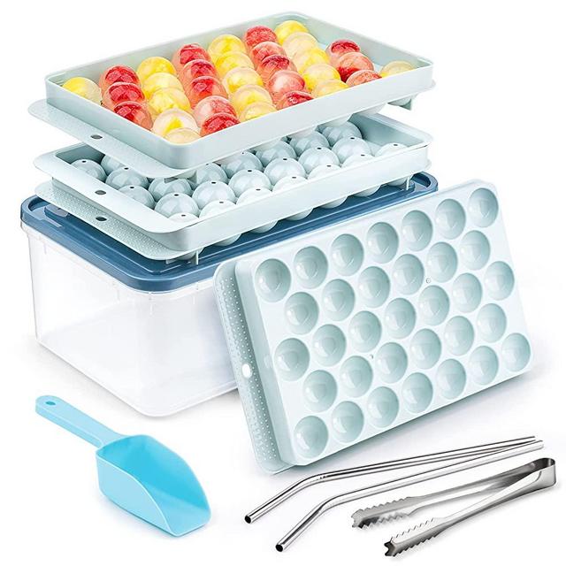 Ultrean Ice Cube Tray with Lid and Bin, Round Ice Cube Tray for Freezer, Making 66pcs Easy Release Ice Cube for Coffee, 2 Trays 1 Ice Container 