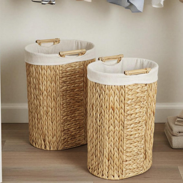Handwoven Water Hyacinth Oval Hamper Set with Cotton Lining, Natural, Set of 2