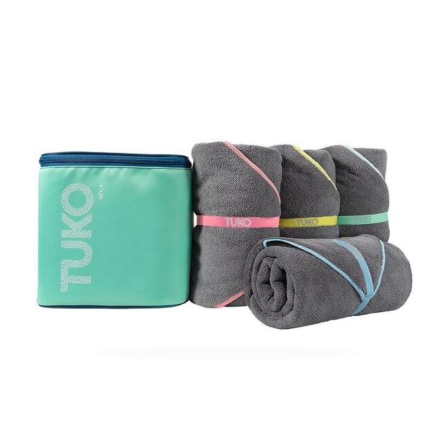 MISSION Tuko Microfiber Beach Towel Set with Water-Resistant Carrying Case for Boating and Swimming (Teal Bag Holder, 60L x 30W, Set of 4)