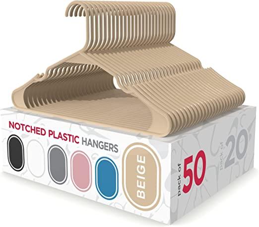 Sharpty Plastic Hangers Clothes Hangers for Clothing, Closet, Coats & Shirts - Notched, Heavy Duty, Thick, Tough & Space Saving - for Everyday Standard Use, Room Essentials & Basics - 50 Pack - Beige