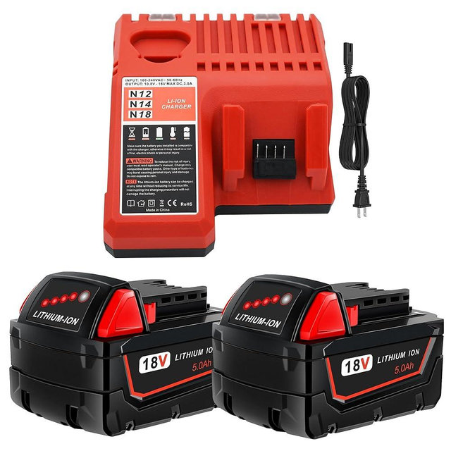 WORTHMAH 2 Pack 5.0Ah 18V M18 Batteries and Charger Replacement for Milwaukee M18 Lithium Ion Battery Compatible with 48-11-1815 48-11-1820 48-11-1828 and 18-Volt Cordless Power Tools