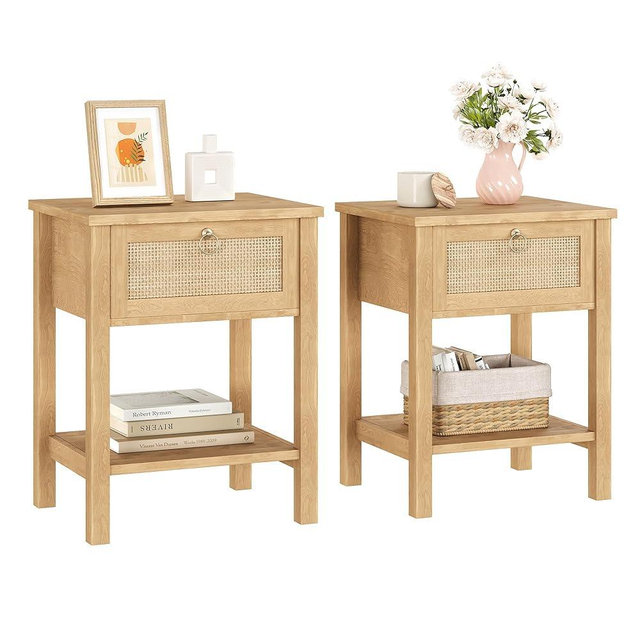 Jocoevol Rattan Nightstand Set of 2, Boho Bedside Tables with Drawer Open Shelf, End Table with Solid Wood Legs for Bedrooms, Living Room - Caramel
