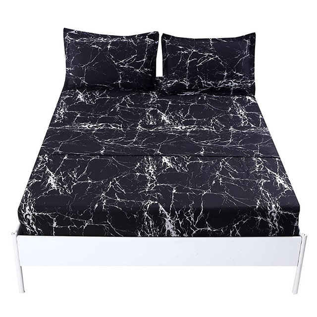 MAG Black Marble Queen Size Super Soft Microfiber Bed Sheet 4PC Marble Bedding Sheet Set with 1 Flat & 1 Fitted Sheet with 2 Pillowcases , 12” Deep