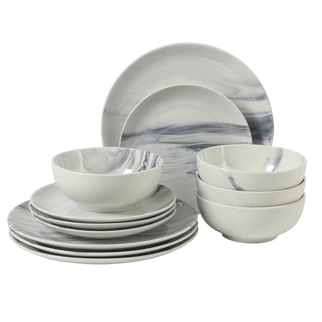 Gibson Home Cloudlight 12 Piece Plates and Bowls Dishes Blue and White - Decorated Porcelain Ceramic Dinnerware Set - Service for 4