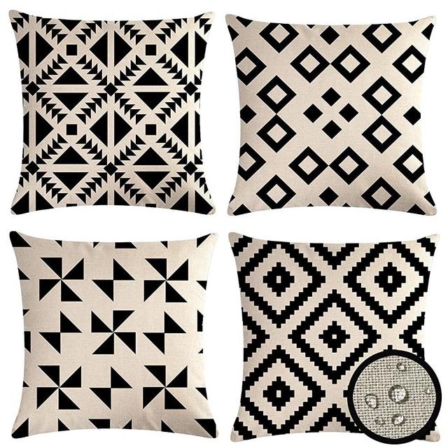 VIGVOG 4 Pack of Outdoor Waterproof Pillow Cover Decorative Garden Cushion Sham Throw Pillowcase Shell for Patio Tent Couch Set of 4 Pillowcases (Boho Black$White, 18×18 Inch, Only Cover)