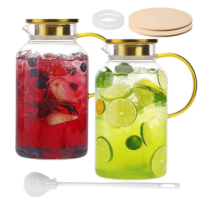 2 Pack 2 Liter/68oz Glass Pitchers with Lid and Handle, Glass Water Pitcher with Lid and Spout for Fridge, Iced Tea, Coffee, Borosilicate Glass Carafe for Hot/Cold Brew Drink