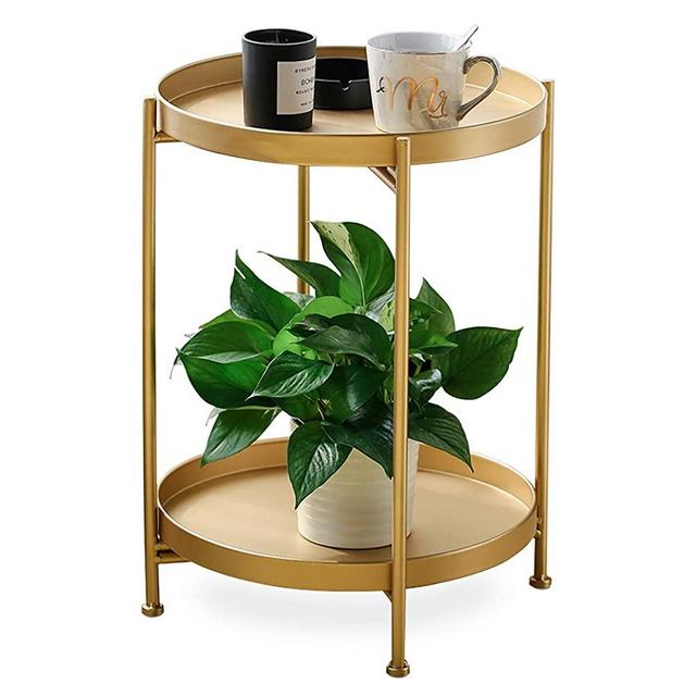 FUNME Gold Folding End Table 2-Tier Metal Round Side Table with Removable Tray for Living Room,(15.2”Dx20”H)