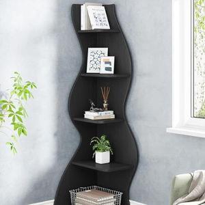 Tribesigns Corner Shelf, Modern 5-Tier Wall Corner Bookshelf, Stylish Corner Small Bookcase Storage Rack Plant Stand with Unique Shape for Living Room, Home Office, (1PC, Black)