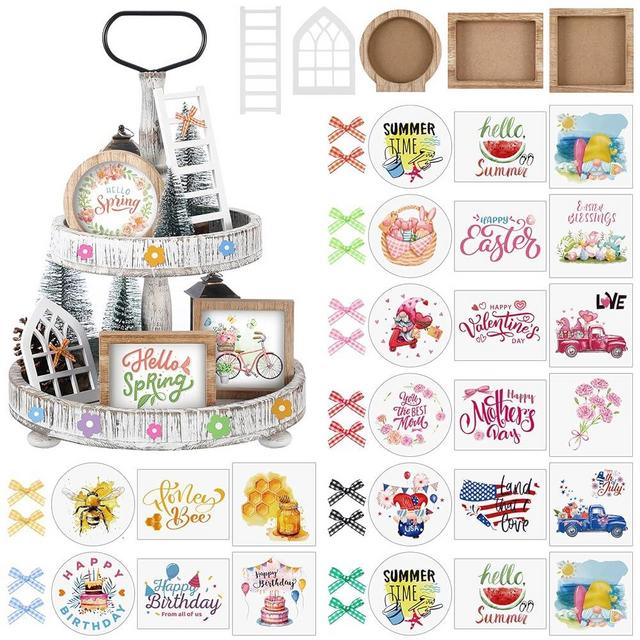 Bencailor 48 Pcs Interchangeable Seasonal Farmhouse Tiered Tray Decor Set Include Wood Frames with Ladders Cards Bow Knot,Tray Not Included(Year Round Seasonal)