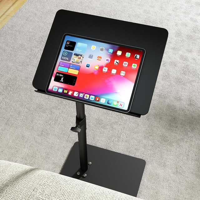 YUHFERA Sofa Armrest Tray Table for Couch - 360° Swivel Height Adjustable End for Small Spaces, Snack Side Table for Bed or Chair with Phone & Tablet Slot (Black,Angle Adjustable)