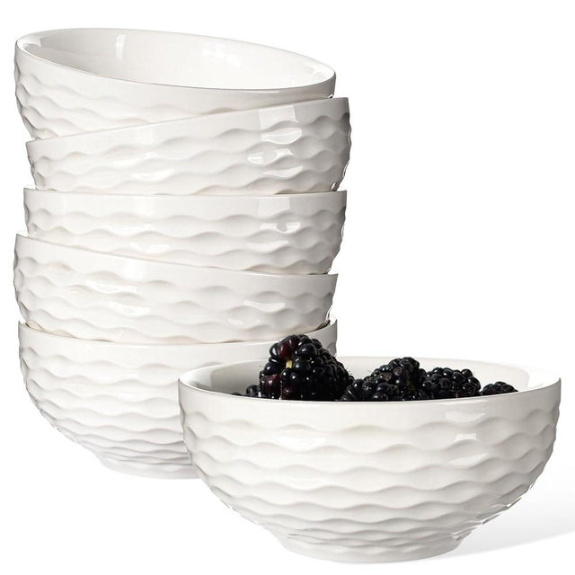 Artena Cereal Bowls 26 OZ, Ceramic Soup Bowls For Kitchen, Embossment Bowls For Rice Pasta Salad, White Bowls For Breakfast Lunch Dinner, 6 Inch, Set Of 6, Dishwasher & Microwave Safe, Seawave