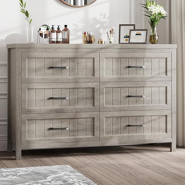 Jocoevol Gray Farmhouse 6 Drawer Dresser for Bedroom - Large Double Dressers TV Stand with Deep Drawers Dressers for Hallway, Entryway - Gray