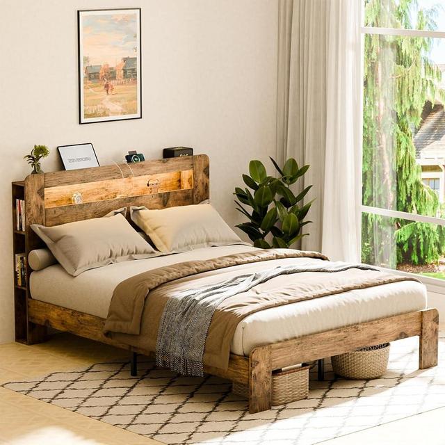 Zevemomo Queen Size Bed Frame with Headboard, Bed Frame Queen Size with Charging Station, Built in LED Light Strip, No Noise, No Box Spring Needed, Rustic Brown(Rectangular Slot)