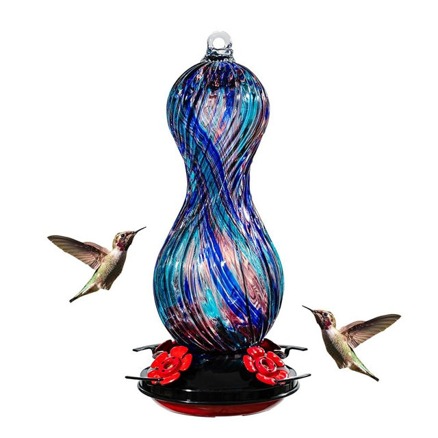 Hummingbird Feeder for Outdoors Hanging, Hand Blown Glass 24 OZ Capacity Hummingbird Bird Nectar Feeders with 4 Feeding Ports, Gifts for Women Mom Outside Garden Backyard Decor