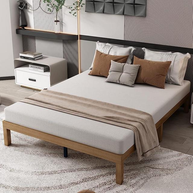 MWrouqfur Wood Platform Bed Frame/Strong Wood Foundation/Wood Slat Support/No Box Spring Needed/Easy Assembly, Wooden Color Queen