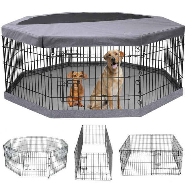 PETIME Foldable Metal Dog Exercise Pen/Pet Puppy Playpen Kennels Yard Fence Indoor/Outdoor 8 Panel 24" W x 30" H with Top Cover and Bottom Pad (Playpen+Bottom+Top Cover, 8 Panels 30" H)