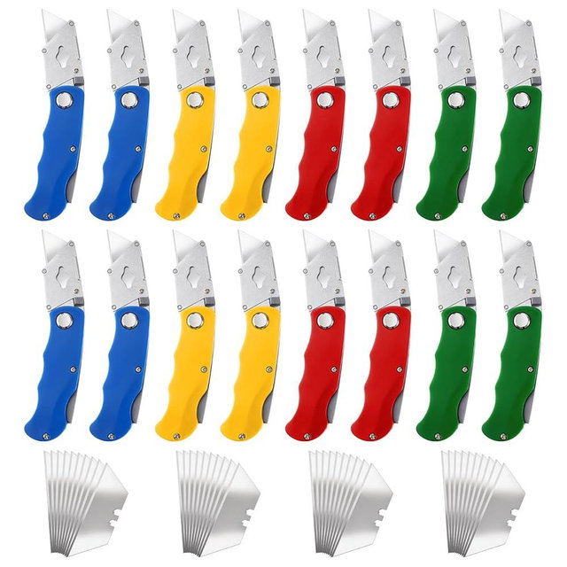 16Pcs Folding Utility Knife with 40Pcs Replacement Blades, Retractable Box Cutter Knife Heavy Duty Work Knife for Cardboard, Boxes and Cartons