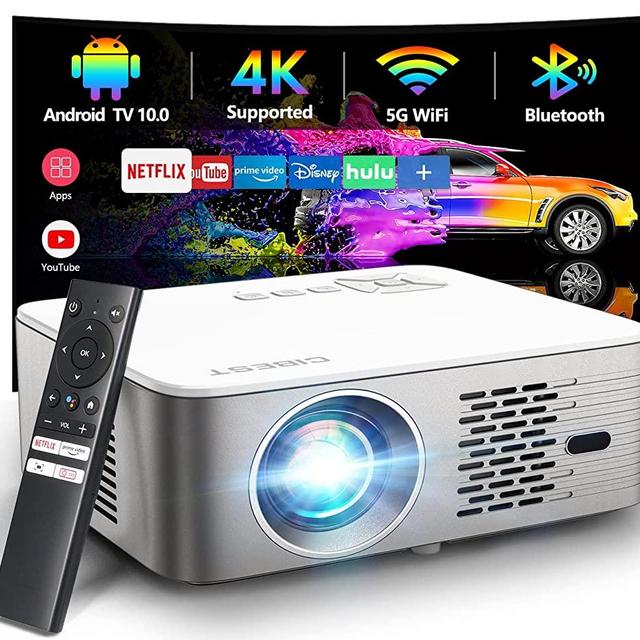 4K Support Android TV 10.0 Projector 5G WiFi Bluetooth Native 1080P, CIBEST Full-Sealed Optical Engine Home Movie FHD Projector with Netflix/Prime Video Built-in, 8000+ Apps, Autofocus, Stereo Sound