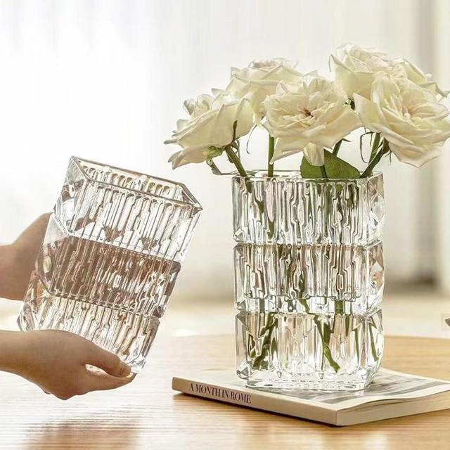 Ribbed Glass Vase Clear Crystal Large Modern Vases Flower Decorative 7.5-Inch Heavy-Duty Rectangle Suitable for Living Room Restaurant Bedroom Home Office School Wedding Birthday Gift