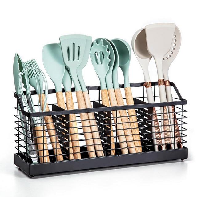 ERYOPIH Large Kitchen Utensil Holder with 4 Compartments, Matte Black Metal Kitchen Holder for Countertop, Cooking Utensil Organizer for Counter