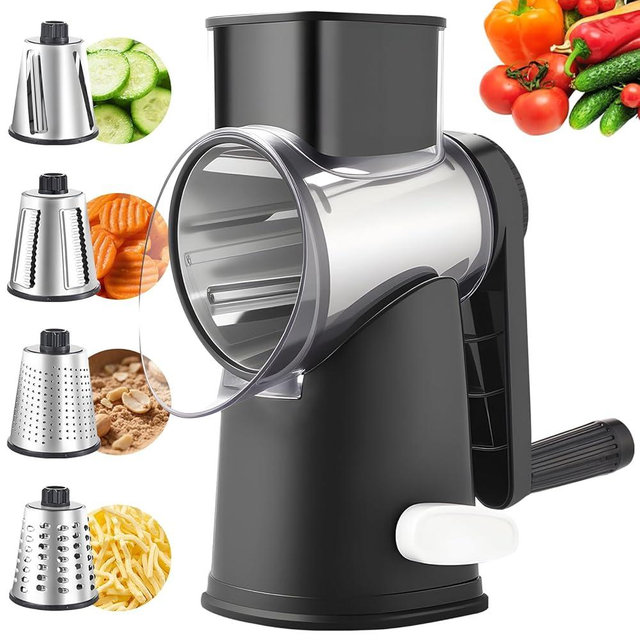 Weltonhm Rotary Cheese Graters with 4 Blades, Hand Crank Cheese Grater with Waffle Slicer, Red, Black and White Cheese Shredder with Suction Base, Easier for Shredding & Grating (Black, 4 Graters)