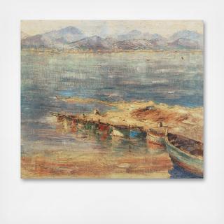 Vintage Boats Along Seashore Canvas Wall Art