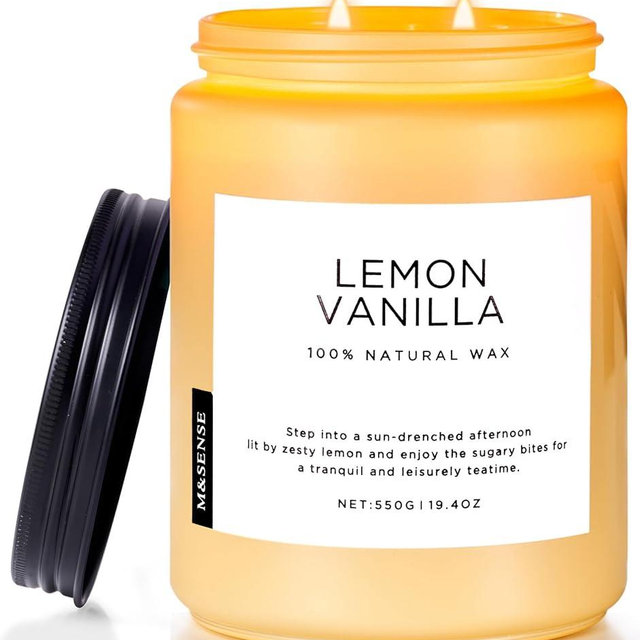 M&SENSE Candles Lemon Vanilla Scented, 19.4oz 110 Hours Long Lasting Candles for Home, 2 Wick Natural Soy Candles in Glass Jar, Stress Relief Candle Gifts for Women and Men