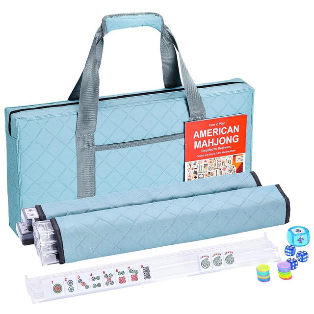 Majolicia American Mahjong Tile Set Complete, 166 White Tiles with Accessories, 4 Mahjong Racks with Pushers, Mahjong Set with Blue Carrying Bag for Beginners (Ma Jong, Mah-Jongg)