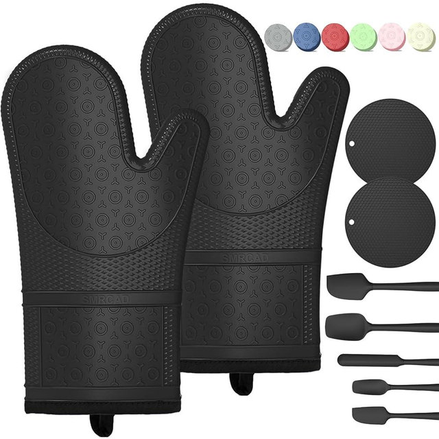 Silicone Oven Mitts with Heat-Resistant Hot Pads and Five Spatulas Set Designed for Kitchen Baking Cooking, Oven Glove Soft Cotton Lining, Waterproof, BPA-Free (Black, 12.6)