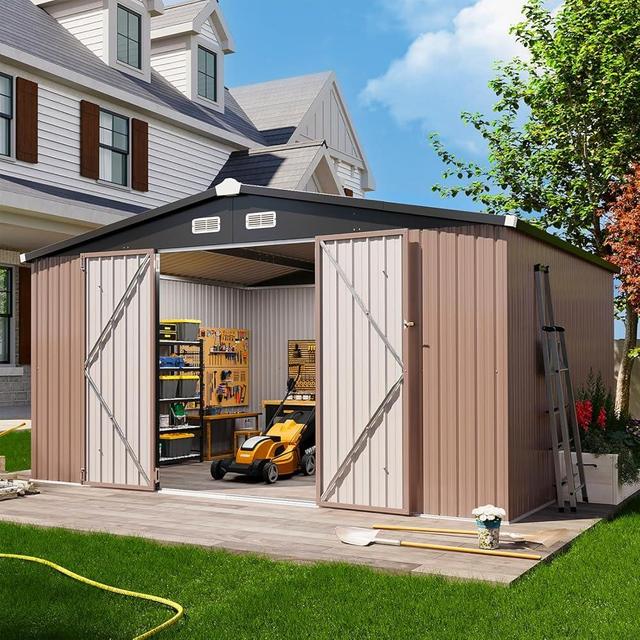 Aoxun 12x10 FT Shed Metal Outdoor Waterproof Storage Shed Steel Utility Garden Tool Shed with Door & Lock Outdoor Storage for Garden Patio Lawn Poolside, Brown