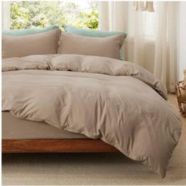 Bedsure Duvet Cover Queen Size with Fitted Sheet - 4 Pieces Prewashed Cotton-Like Polyester Extra Soft Bedding Set, Includes 1 Duvet Cover 90x90 Inches, 2 Pillow Shams, 1 Fitted Sheet, Deep Beige