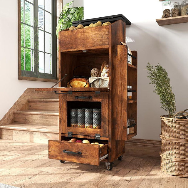 Verano Garden Potato and Onion Storage Bin on Wheels, Wood Bread Box with Lid & Mesh Doors, 4-Tier Rolling Fruit and Vegetable Storage Organizer w/Drawer & Side Rack for Kitchen (Rustic Brown, 16.0")