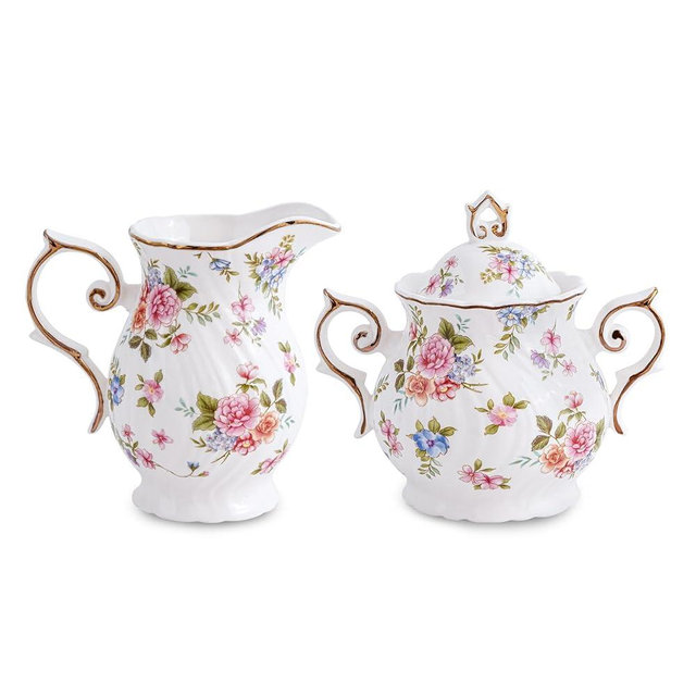 Agyiuns Sugar and Creamer Set Ceramic, Creamer Pitcher and Sugar Bowl with Lid, Creamer Pitcher with Handle,Sugar Cube Dish Coffee or Tea (White with small flowers)