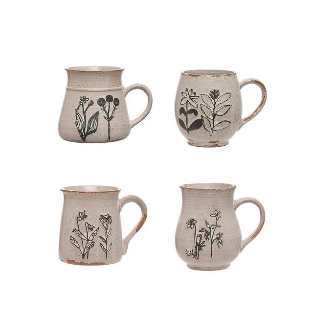 Creative Co-Op 4 Inches Stoneware Reactive Glaze and Various Shapes, Cream, Set of 4 Mugs