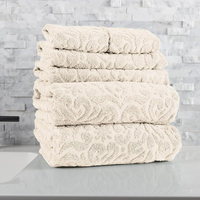6PC Jacquard Towel Set - 500GSM 100% Cotton Bathroom Accessories - 2 Bath Sheets, 2 Hand Towels and 2 Wash Cloths - Soft and Absorbent Bathroom Set for Shower, Gym, Dorm and Spa by Lavish Home (Cream)