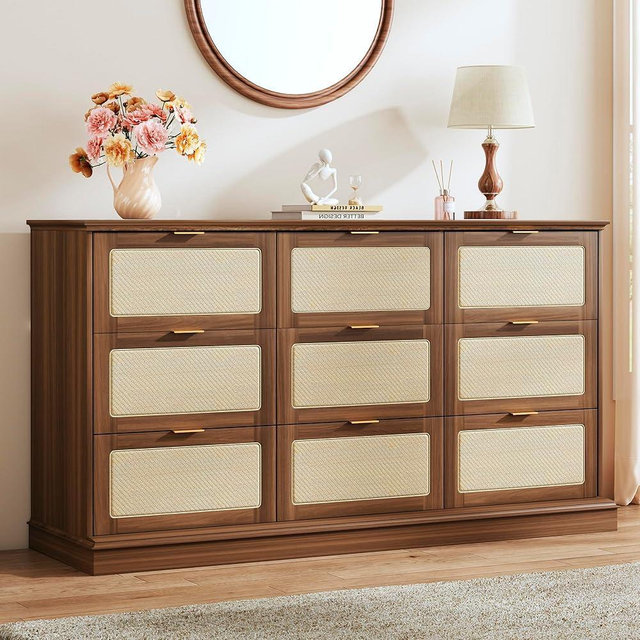 HUAHUU 9 Drawer Dresser for Bedroom, 60 Inch Long Dressers & Rattan Chest of Drawers, Boho Style, Large TV Stand for 55, 65, 70 Inch TV, for Bedroom, Living Room, Entryway, Hallway, Walnut