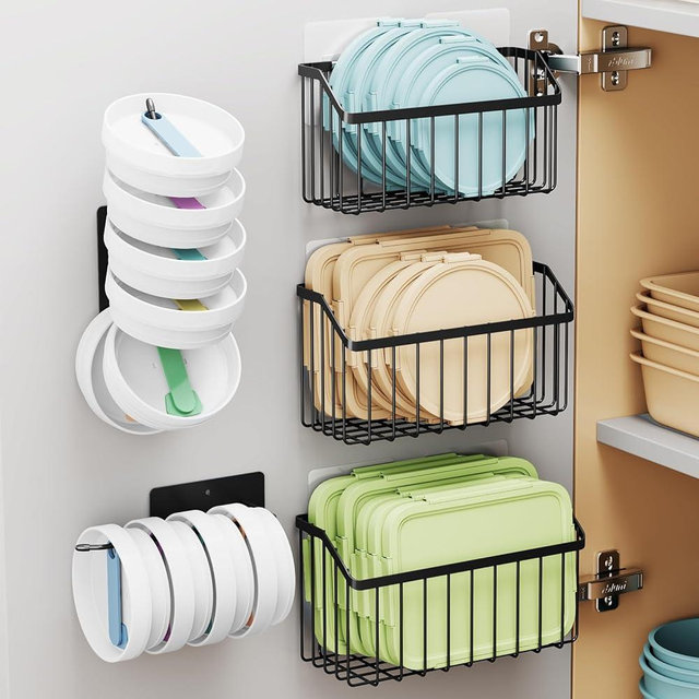 NiHome 5PCS Cabinet Door Lid Organizers Holders, Adhesive or Screw Mount, 3 Sizes Rustproof Metal Baskets for Tupperware Lids, Tumblers, Spices, Toiletries, Under Sink or RV Storage (Black)