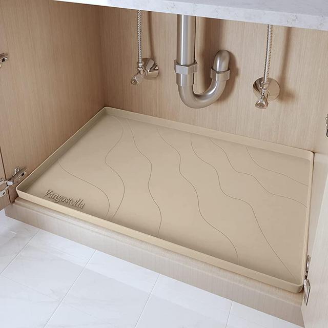 Vangostella Premium Under Sink Mats for Kitchen Waterproof 34" x 22", Extra Thick Non-Slip Silicone Under Sink Liner Drip Tray, Raised Edge Under Sink Cabinet Mat ,Prevent Drips, Leaks, Spills,Beige
