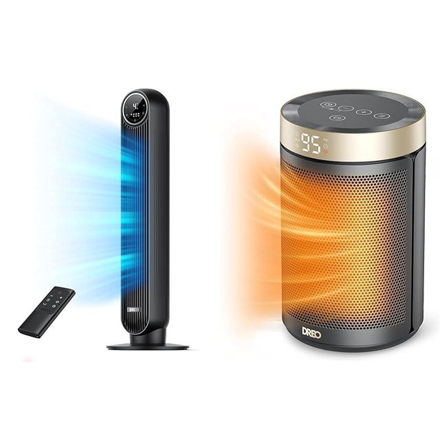 Dreo Tower Fan for Bedroom, 24ft/s Velocity Quiet Floor Fan & Space Heater, Portable Electric Heaters for Indoor Use with Thermostat