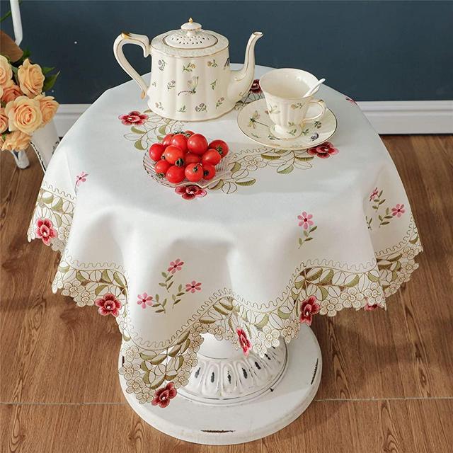 Damask Rose red Little Plum Embroidered Beige Tablecloth Square 41 inch Approx