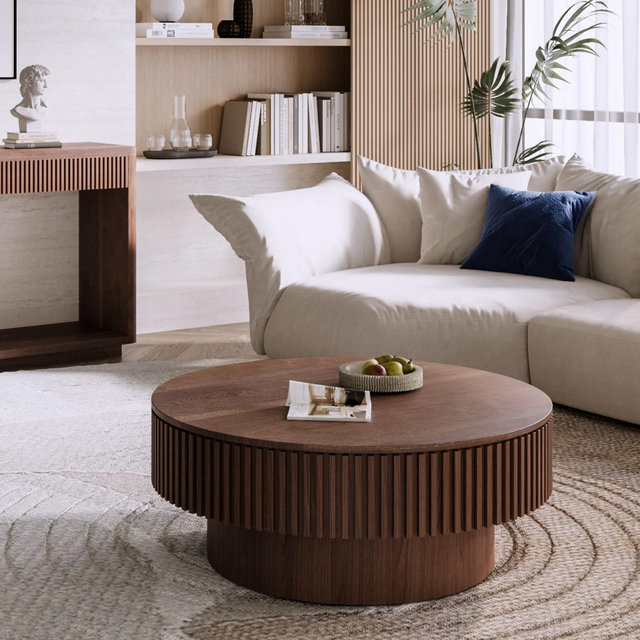 GDFStudio Sophia Modern Round Coffee Table with Storage, Navy Brown/31.5"