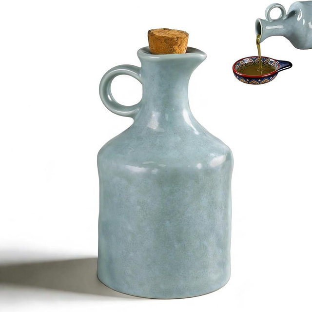 DZHPSRSZ Ceramic Olive Oil Dispenser Bottle,400ML Small Leak Proof Olive Oil Bottle Dispenser for Kitchen Counter, Cooking Salad Dressing（Green reactive glaze）