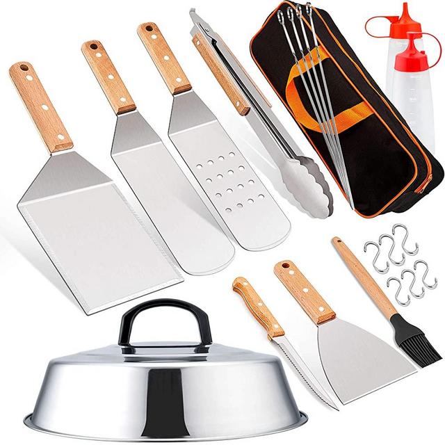 LeonYo Griddle Accessories Tool Set of 21, Heavy Duty Grill Griddle Metal Spatula for Cast Iron Flat Top Teppanyaki Cooking, with Smashed Hamburger Turner, Basting Dome, Carrying Bag, Grilling Gift