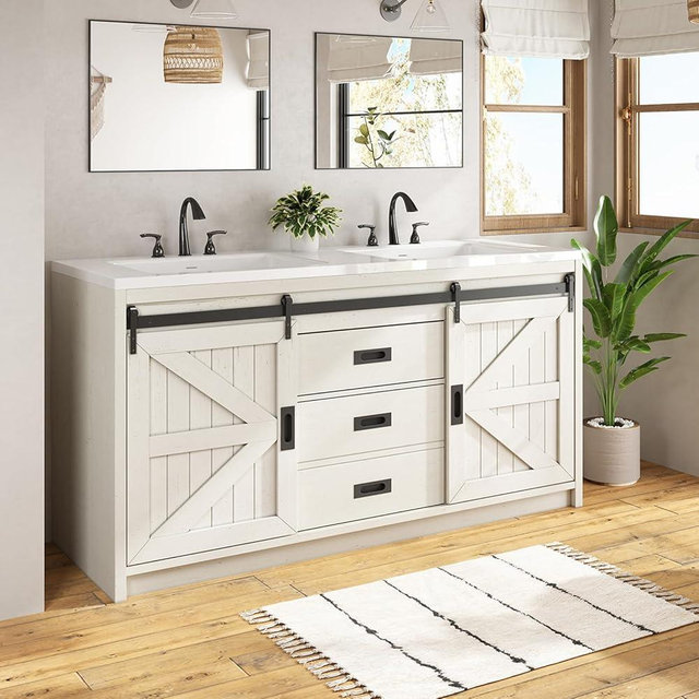 LUXOAK 60" Farmhouse Sliding Barn Door Double Vanity with Sink Combo, Freestanding Bathroom Vanity Cabinet with Drawers & Metal Handles, Distressed White
