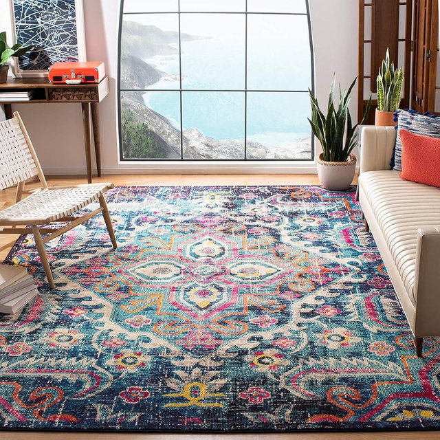 SAFAVIEH Monaco Collection Area Rug - 8' x 10', Blue & Fuchsia, Boho Chic Medallion Distressed Design, Non-Shedding & Easy Care, Ideal for High Traffic Areas in Living Room, Bedroom (MNC252J)