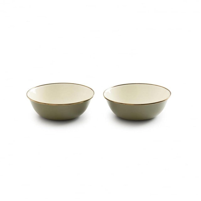 Barebones 2-Tone Bowls - Set of 2 Enamelware Bowls - Durable Kitchen or Camping Bowl (Olive Drab)
