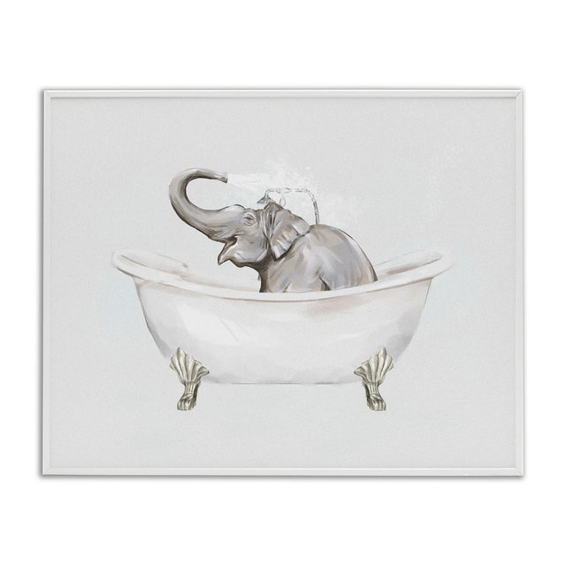 Stupell Industries Happy Elephant Splashing Bathtub Framed Giclee Art, White, 14" x 11"