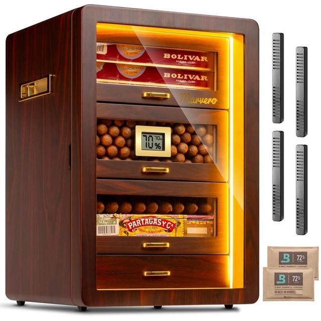 Desktop Cigar Humidor Cabinet Triple-Sided Light with Digital Hygrometer, Humidifier and Humidity Packs. 4 Ceder Wood Drawers, Cigar Humidor Box can Hold 200 Cigars. Present for Men