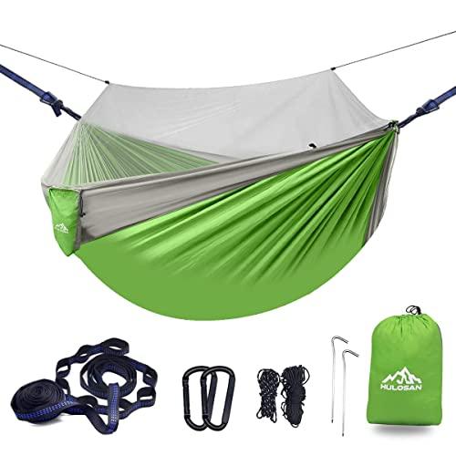 HULOSAN Camping Hammock with Net,Lightweight Hammock Tree Straps and Carabiners,Easy Assembly, Portable Parachute Nylon Hammock for Camping,Backpacking,Travel,Beach,Backyard,Patio,Hiking